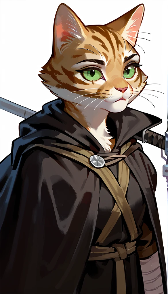 score_9, score_8_up, score_7_up, (clear simple background, white background, papyrus background),
 ((khajit), anthro, solo, female, (portrait, focus on face), (holding, assassin, rogue), ((wearing dark robe, cape)), (cat fur)), beautiful