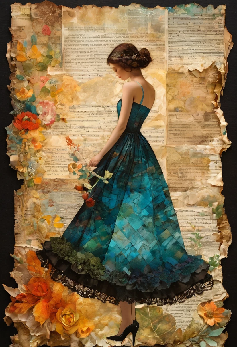 Super detailed alcohol ink painting of gorgeous girl, Made on top of a mixed-media masterpiece patchwork of stress-free vintage script paper, Ephemera, Torn cardboard, Vintage newspaper, Vintage sheet music, Wax Seal, Dress made of paper ruffles and life-size dainty lace, in the style of [Junk Journal, double exposure, Equal to the size of the body, Greg Simkins, Mark Davis, Oliver Jeffers, Andy Kehoe], Cinematic, Stunning, Highly detailed, 8K, dehazed
