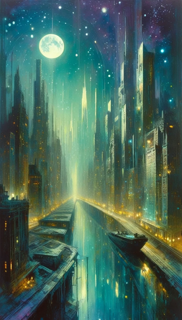 the abandoned future big city, many details,magic, surrealism, fantastic, night sky, medium moon, stars, background, (art inspired by Bill Sienkiewicz). oil painting)
