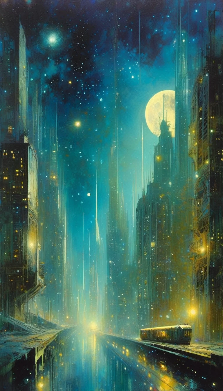 the abandoned future big city, many details,magic, surrealism, fantastic, night sky, medium moon, stars, background, (art inspired by Bill Sienkiewicz). oil painting)