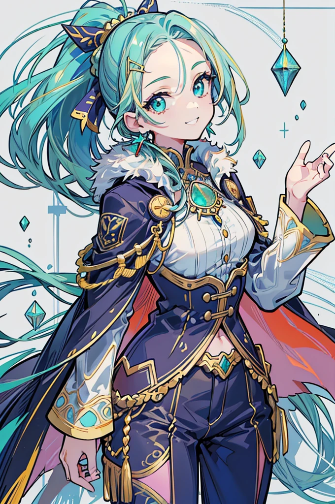 1girl, solo, looking at viewer, cowboy shot, standing, flat pectus, long hair, bangs, (forehead jewelry), hair ornament, (white background), jewelry, (blue eyes), jewelry earrings, ((emerald hair)), particles, jewelry ornament, magician, long-sleeves, cape, fur trim, (masterpiece), (best quality), (ultra-detailed), (illustration:1.2), (perfect hands:1.4, two legs), perfectly structured, natural proportions, extremely detailed beautiful anime face, 