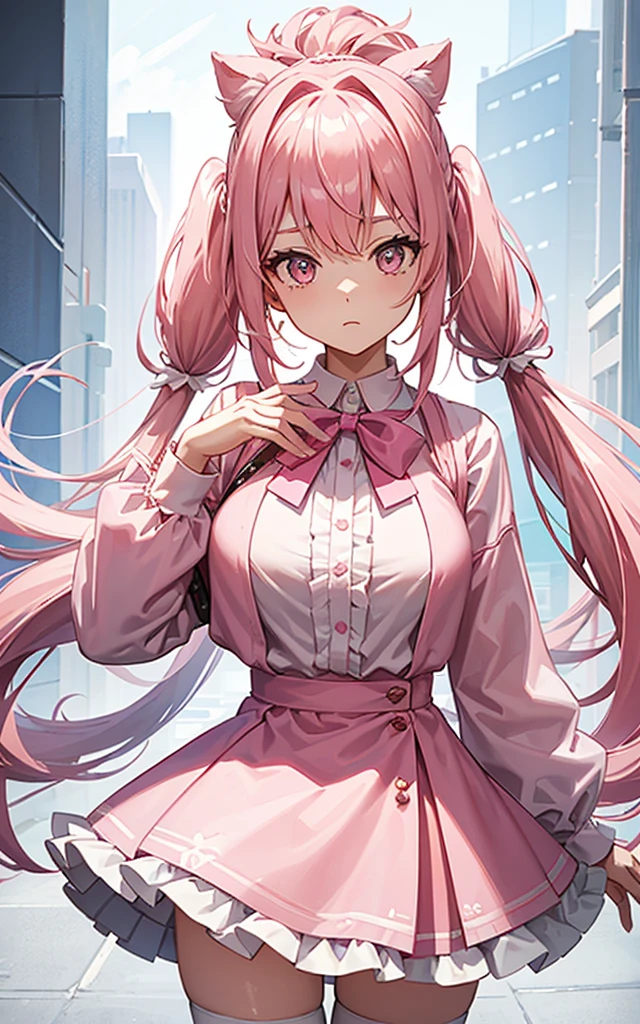 1 girl, Pink Hair, Long double ponytail, Pink shirt, Fluffy collar, White fluffy skirt, White ribbon on hair, Lots of hair accessories, Tights,Huge breasts:1.8