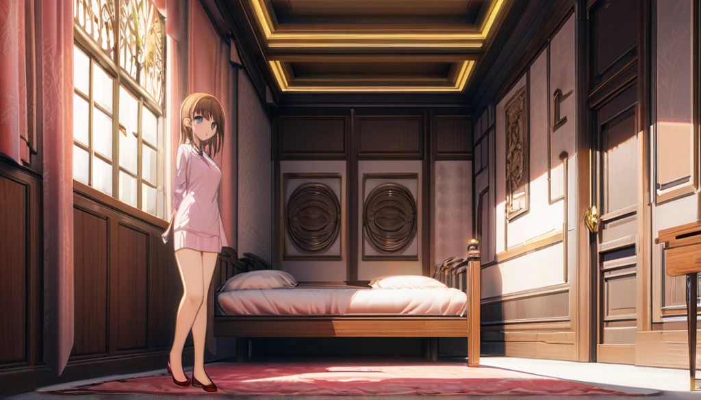 ((Anime Infinite Stratos nfsw Art)), 8k, ultra full high definition. The year is 2024. The theme is rest.  The setting is a 25m² room, the walls are white, the ceiling has friezes with 3000k LED that completely illuminates the setting, the floor is wooden, there is a wooden double bed with a light pink cover, a wooden nightstand next to.  There is a girl, she is lying on the bed on her back, she is , short height(150cm), brown(bright:1.9) hair(short:1.9) messy, purple eyes(bright:1.9), face wonderful, thin body(thin:1.9), large and round breasts, thin waist(thin:1.9), large and round ass, wide hips, slender thighs, wearing pink sweater(short:1.2), fullbody, she is embarrassed.  The atmosphere is sensual and mysterious.  full view of the scene.