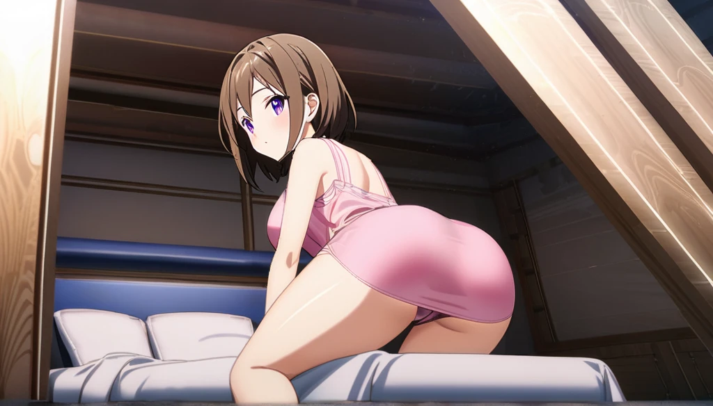 ((Anime Infinite Stratos nfsw Art)), 8k, ultra full high definition. The year is 2024. The theme is rest. The setting is a 25m² room, the walls are white, the ceiling has friezes with 3000k LED that completely illuminates the setting, the floor is wooden, there is a wooden double bed with a light pink cover, a wooden nightstand next to. There is a girl, she is lying on the bed on her back, she is , short height(150cm), brown(bright:1.9) hair(short:1.9) messy, purple eyes(bright:1.9), face wonderful, thin body(thin:1.9), large and round breasts, thin waist(thin:1.9), large and round ass, wide hips, slender thighs, wearing pink sweater(short:1.2), fullbody, she is embarrassed. The atmosphere is sensual and mysterious. full view of the scene.