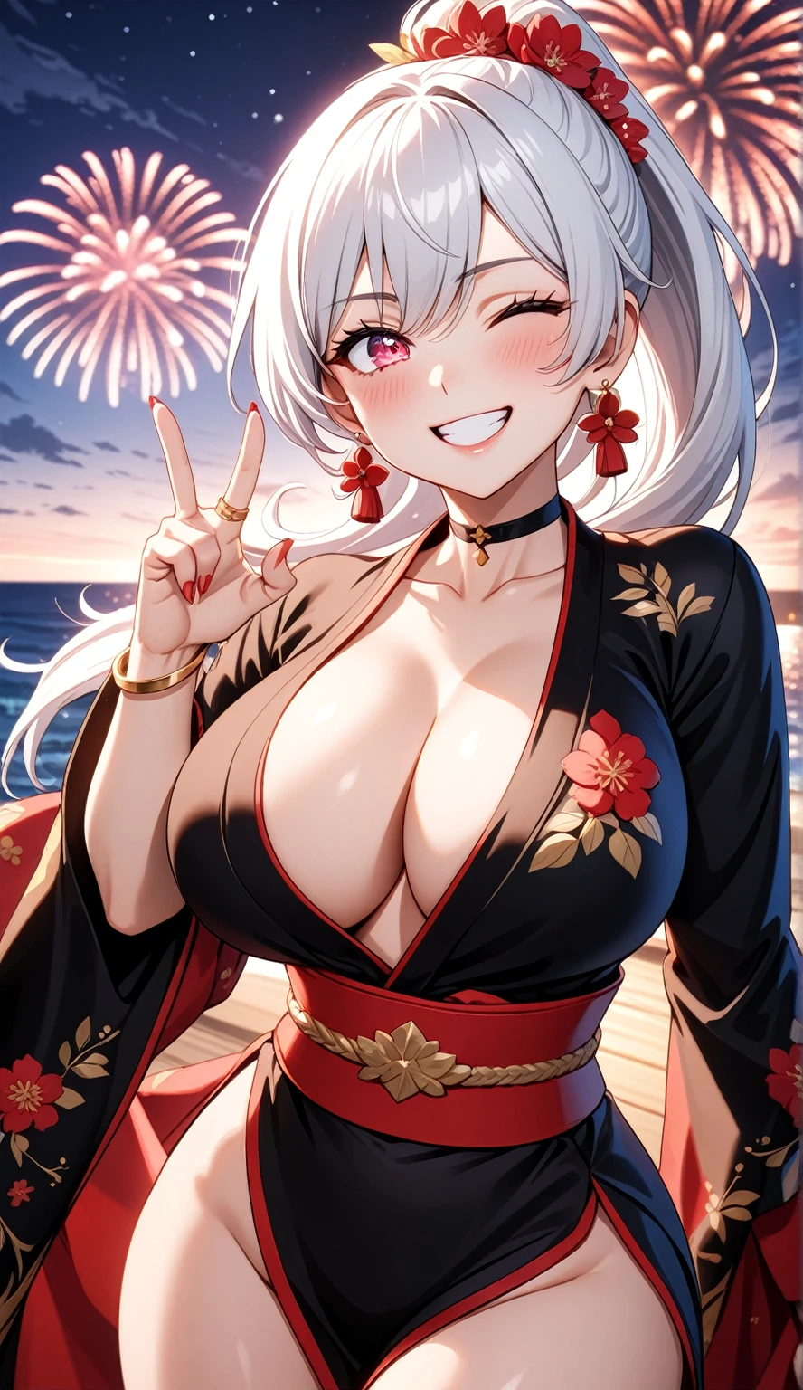 ((One personの女性)), Beautiful Face, ((clenched teeth)), (head tilt), ((Wink:1.7)), Laugh with your mouth wide open,((Bright red cheeks:1.4)),Shiny red lips,night,coastal,You can see the ocean, firework,Laughing with your mouth open,Glossy pink lips,Facial lighting,((Anime style background)),masterpiece, Highest quality, so beautiful,up to date, Complex details, (Pink long nails), (4fingers and 1thumbs), (ring),(bracelet),(choker),AI-generated, Complex,High resolution, Highest quality, super high quality,3D Images、3D Images,One person,Long white hair,High Ponytail,(blue eyes),Anime woman posing for a photo, ((Fine grain、Silvery white colorful eyes、Shining Eyes:1.3)),(Squint your eyes:1.1),a hyperRealistic , hyperRealistic , Realistic,Anime woman with long white hair, Smooth anime CG art, A woman in a colorful kimono with gold embroidery, (Black long sleeve kimono),Red floral pattern,Long flower hair ornament,Earrings,Mature Body,(Big Breasts:1.1),Tall,Abdominal muscles,Narrow waist,(Zoom up to face:1.6),(front view),