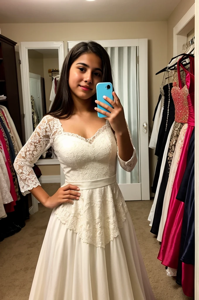 17 year old Latin girl takes a selfie while trying on dresses in her room 