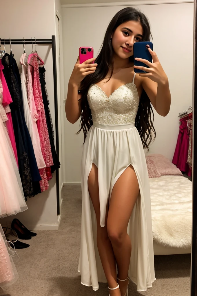 Latin girl takes a selfie while trying on dresses in her room