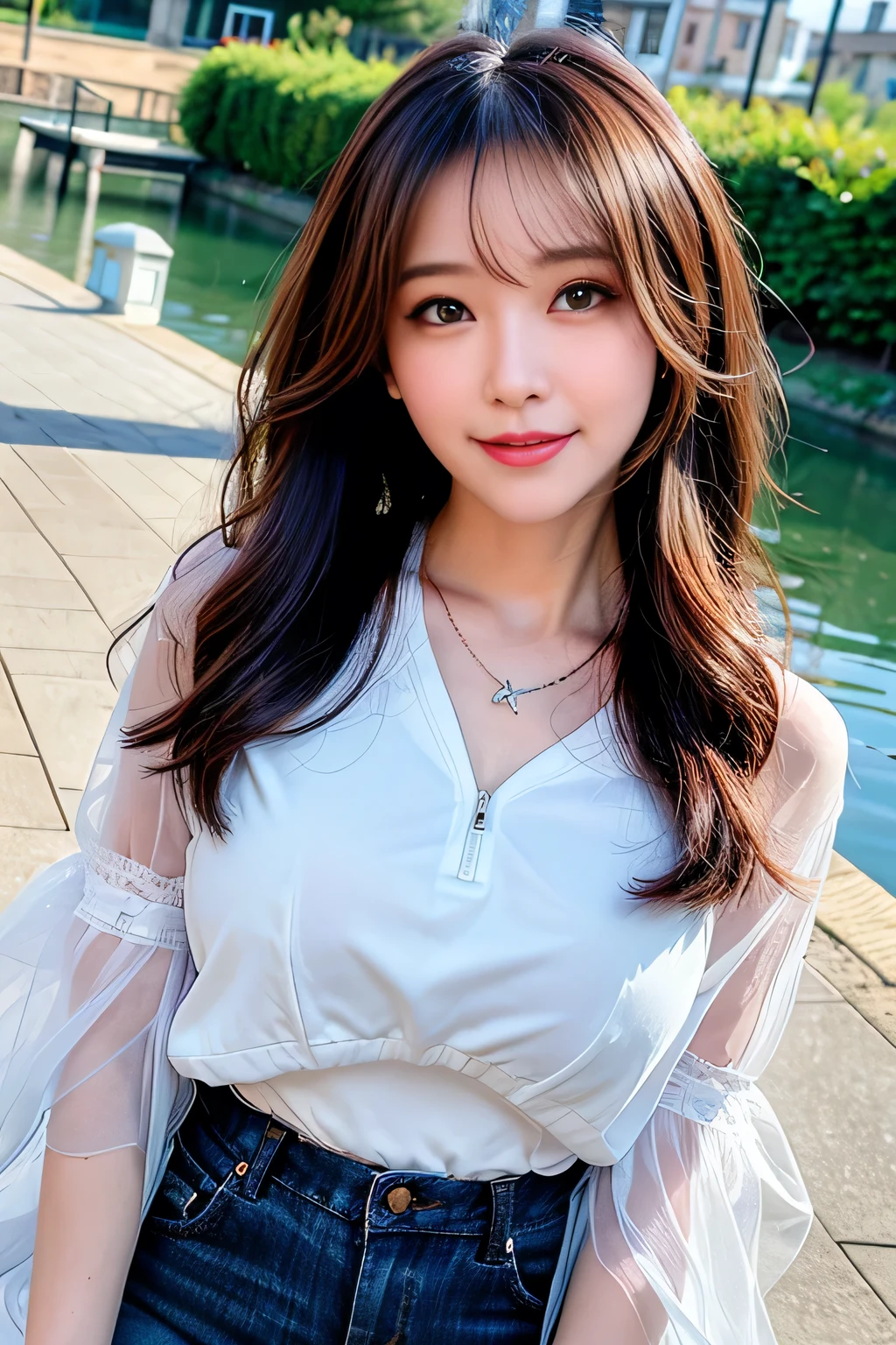 seed;88117315,((Full Body Angle))、Front hair:1.3))、((Highest quality, 8K, masterpiece: 1.3)), concentrated: 1.2, Cute girl 1,Nipples erect、 Perfect beauty: 1.4,Cut and sewn T-shirt Raglan sleeve summer short sleeve T-shirt.Shorts: 1.2,Long sleeve、Randall Color、comics&Text Graphics、Black ruffle-trimmed drawstring zip blouse,1.1, Highly detailed face and skin textures, Fine grain, double eyelid, whitening skin, ,Highest quality,Ultra-high resolution,you,1 girl,alone,_Shiny_skin,Iris,necklace,((brown_length_Wavy_hair)),(lips)),eyelash,Front hair,deal with,compensate,Shiny,pore,skin,Large Breasts、((smiling face))、Riverside Walk、walk、