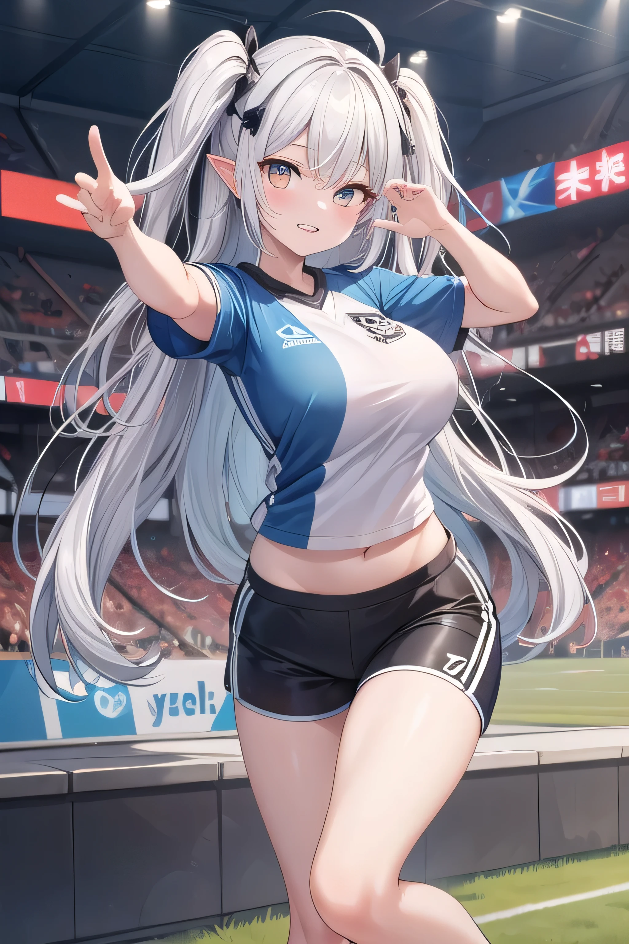 最high quality、high quality、best image quality、8K、最High resolution、High resolution、最high quality、masterpiece、whole body photos、 skin in every detail、 face in every detail、 eyes in every detail、 lips in every detail、 teeth in every detail、 ears with attention to detail、 hair with detailed details、arms with attention to detail、 hands with attention to detail、 fingers with attention to detail、 (fine hands、thumb1reference4)、 legs with attention to detail, feet with attention to detail, 8k, ultra HD, sharp focus, details hair, beautiful hair, details face, beautiful detail eye, details pupil, perfect hand, vibrant colours, soft lighting.
1girl, long hair, hair accessory, style hair, white hair, radiant white eyes, glow eyes, massive giant breast, football shirt, stylish shirt, short pants, long stocking, spike shoes,
at stadium, celebration pose, ball, 🥅, scene,
