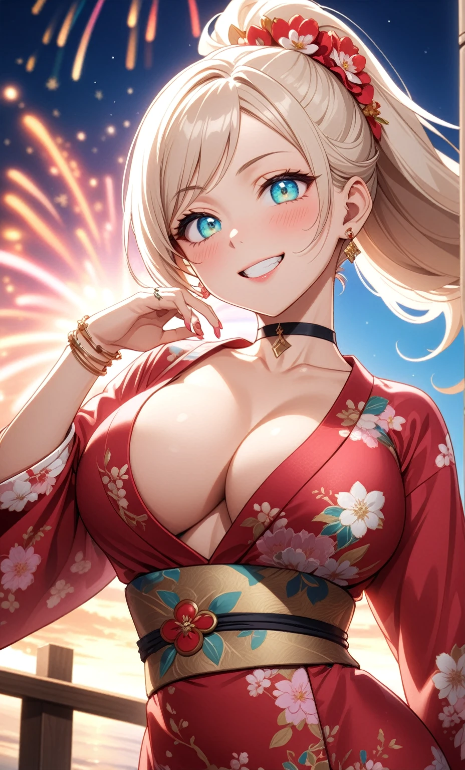 ((One personの女性)), Beautiful Face, ((clenched teeth)),((Wink:1.6)), head tilt, Laugh with your mouth wide open,((Bright red cheeks:1.4)),Shiny red lips,night,rooftop,You can see the ocean, firework,Laughing with your mouth open,Glossy pink lips,Facial lighting,((Anime style background)),masterpiece, Highest quality, so beautiful,up to date, Complex details, (Pink long nails),(ring),(bracelet),(choker),AI-generated, Complex,High resolution, Highest quality, super high quality,3D Images、3D Images,One person,Long blonde hair,High Ponytail,(turquoise blue eyes),Anime woman posing for a photo, ((Fine grain、Colorful eyes、Shining Eyes:1.3)),(Squint your eyes:1.1),a hyperRealistic , hyperRealistic , Realistic,Anime woman with long white hair, Smooth anime CG art, A woman in a colorful kimono with gold embroidery, (Pink long sleeve kimono),Red floral pattern,Long flower hair ornament,Earrings,Mature Body,(Big Breasts:1.1),Tall,Abdominal muscles,Tight waist,(Zoom up to face:1.5),(dutch angle),(front view),
