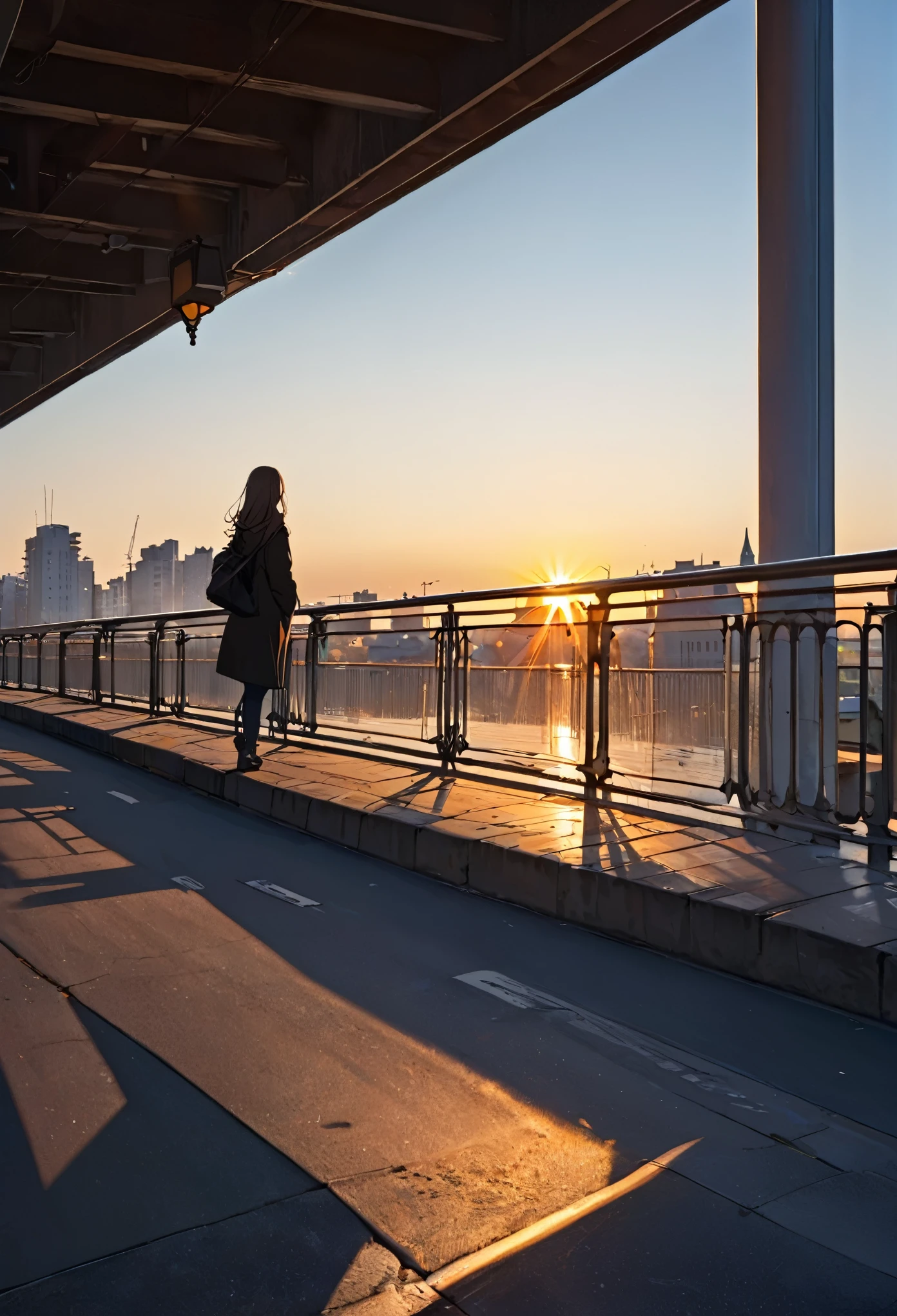 Watching the sunrise leaning against the bridge parapet, clear sky, early morning city street,