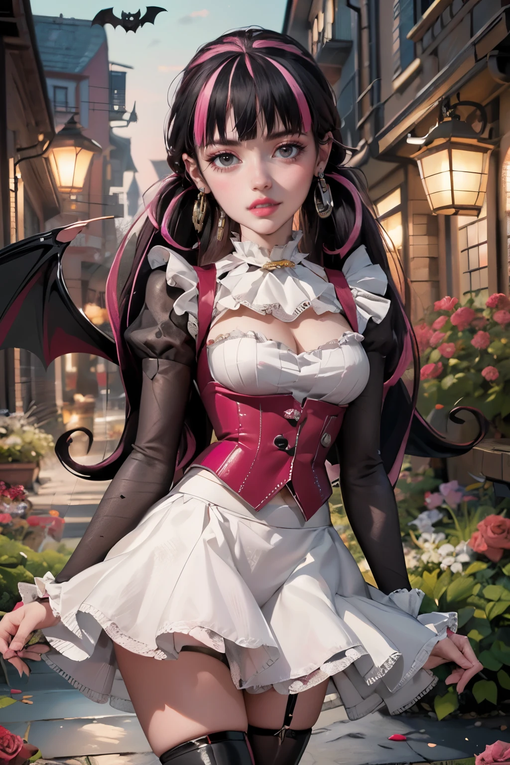 1girl, vampire girl, vampire fangs, succubus, centered, award winning upper body portrait, cowboy shot, (looking at viewer:1.2), Draculaura_MH, solo, black half hair, pink half hair, multicolored hair, long hair, white skirt, pink knee boots, smiling, garden scenery, japanese lanterns, dark red roses, depth of field, cinematic composition, ((high quality)), ((Work of art)), (more detail), half black hair, half soft pink hair, wave hair, pink heart in the eyes, smile, vampire fangs, maid dress, black maid headdress, black maid apron, bat wings, pink skirt, black dress with transparency, pink laces, black gloves, black high socks, high hills boots, bat jewelry, jewelry, seat on the grass, dark red roses on focus, Draculaura_(monster high), Monster High, looking at the viewer, more details on the clothes,