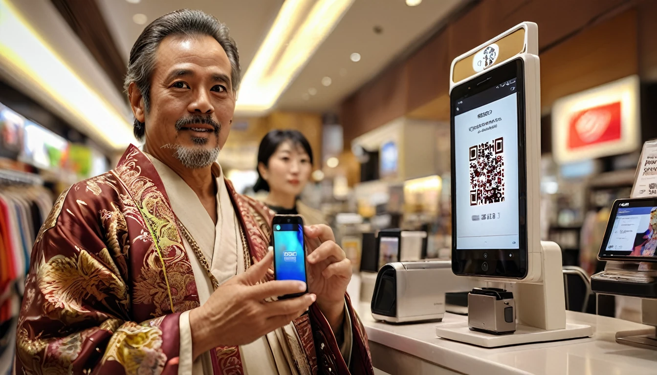 A middle-aged man showing a smartphone photo at the cash register of a brand bag store to make a QR code payment. The man is wearing a brown plain Japanese kimono, full body, wide angle, 4K (man) high resolution, sharp focus, (ultra detailed, highly detailed), (photorealistic artwork: 1.37), (highly detailed CG Unity 8k wallpaper), (((vibrant colors, vibrant theme))), (intricate), (masterpiece), (best quality), art photography, (photo by sldr), (intricate background), perfectly rendered face, perfect facial details, realistic face, photorealistic, ((intricate details)), (((realism))), full body, wide field of view,
