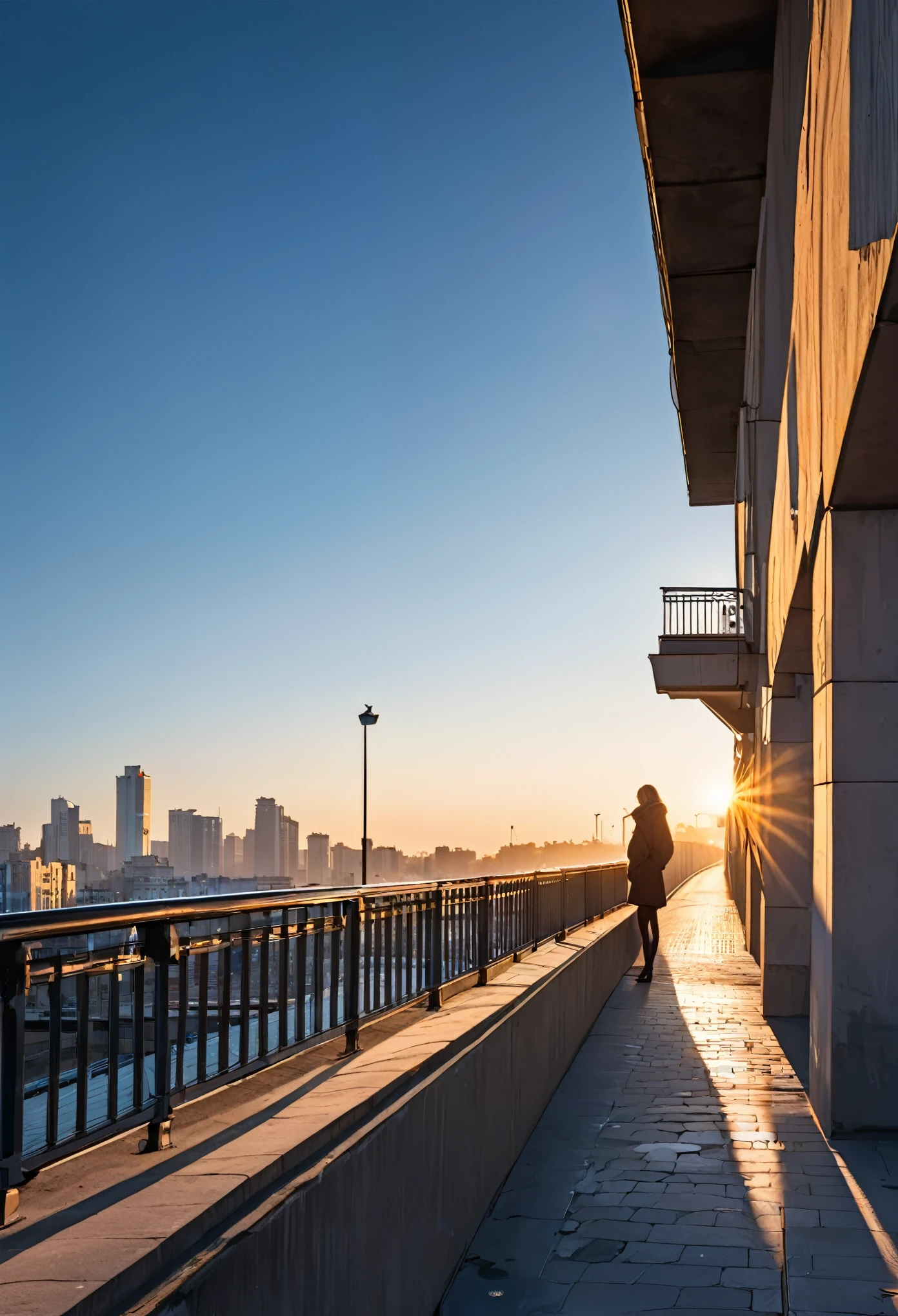 Watching the sunrise leaning against the bridge parapet, clear sky, early morning city street,