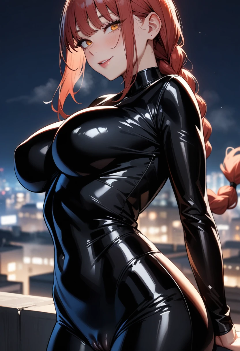 1girl,solo,makima \(chainsaw man\), chainsaw man
,super detailed skin,shiny skin,oily skin,seductive smile,eyelashes,lips gloss,red hair,sidelocks,a braid,large breasts,body suit ,cameltoe,arms behind back,night ,rooftop,,masterpiece,best quality,ultra detailed,high resolution,sharp focus,depth of field