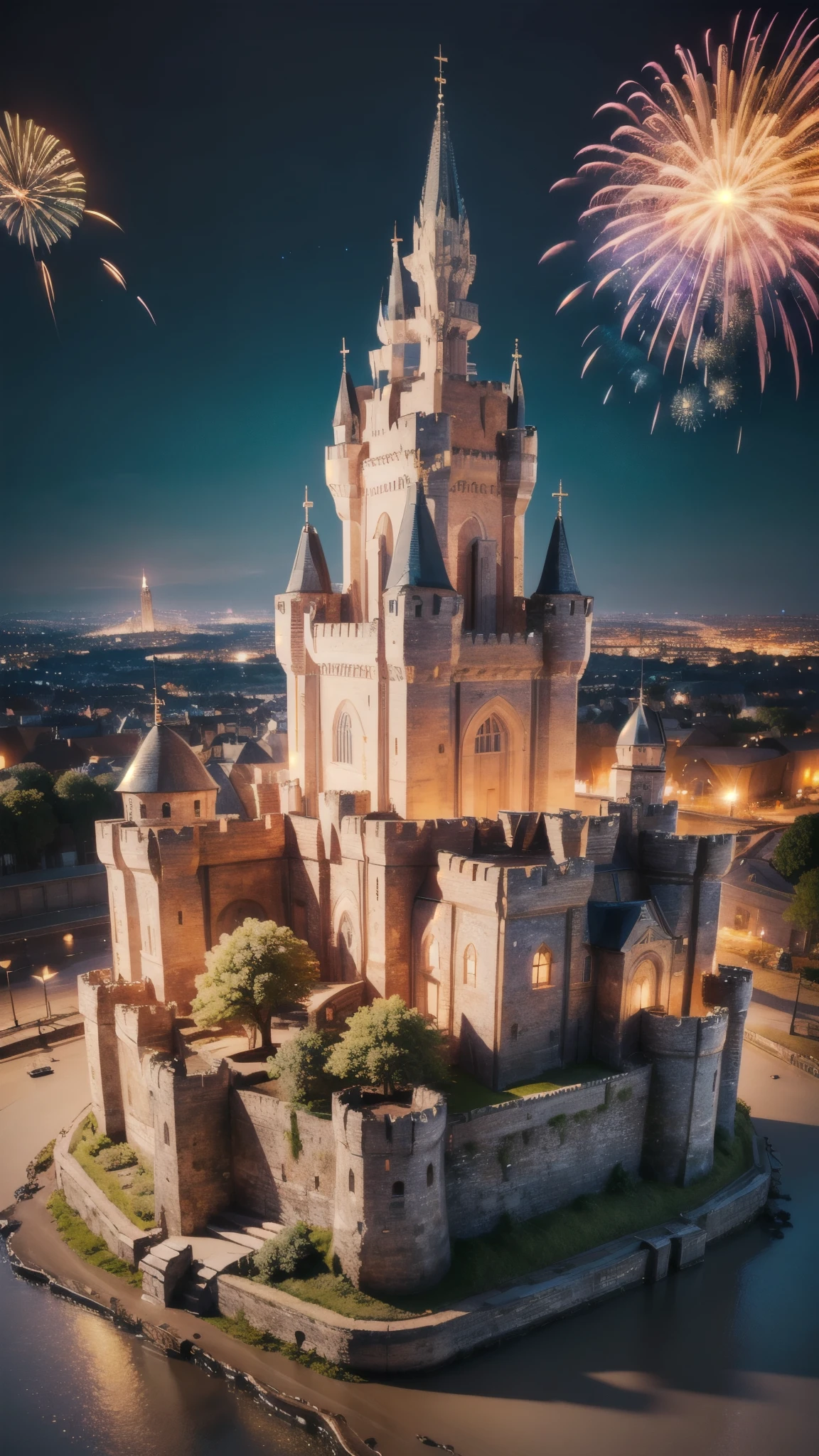 (masterpiece:1.2, Highest quality),(Very detailed),8K,wallpaper,Ultra-fine painting,city,(((castle))),Isometric 3D Diorama,Matte Paint,おcity,,night,light up,There are a lot of fireworks