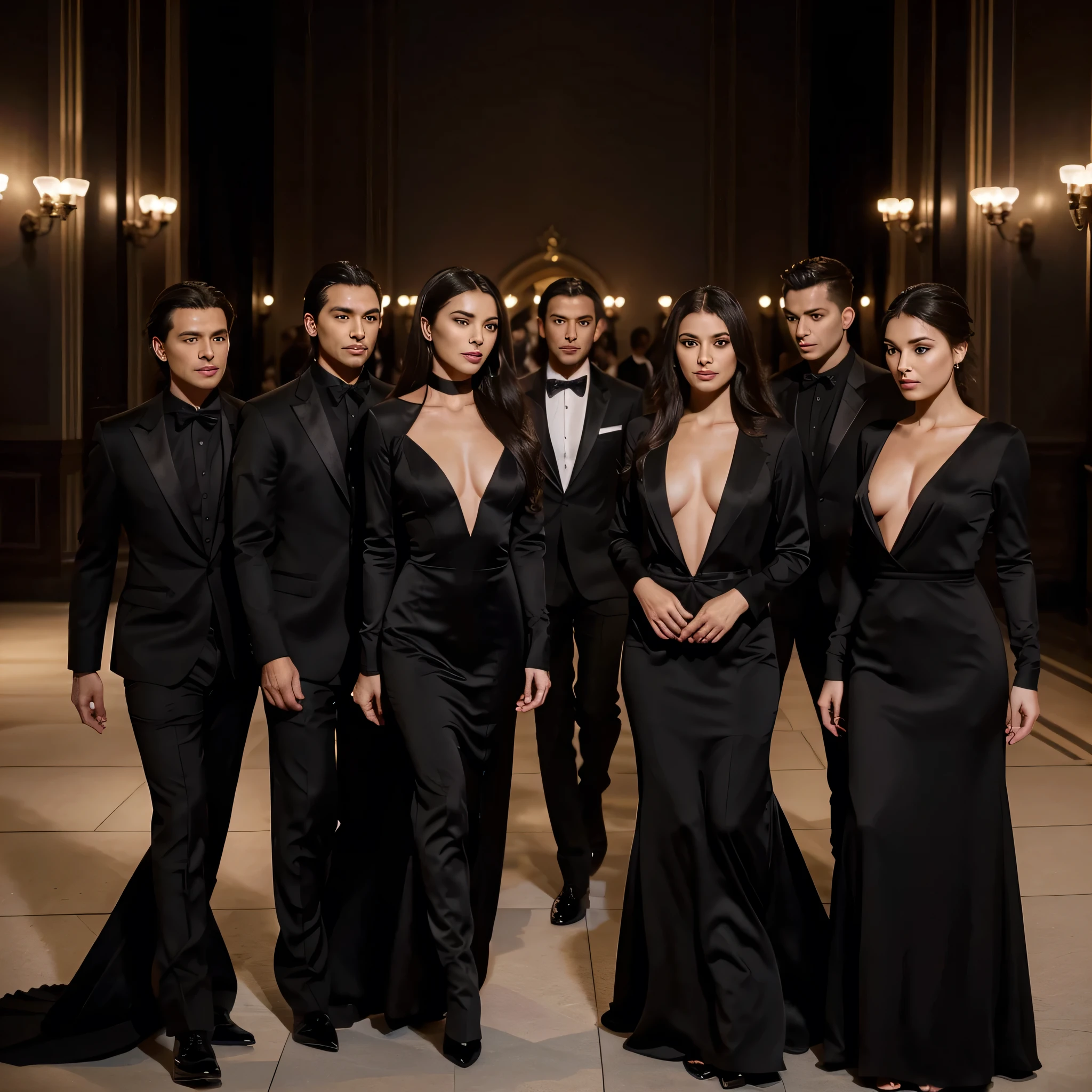 Capture the elegance and sophistication of seven individuals, comprising four men and four women, dressed in black attire. The four men don black tuxedos, while the four women adorn themselves in long black gowns. They stand side by side on the grand opera stage, exuding an air of utmost refinement and poise. Ensure the image is a realistic, ultra HD portrayal of this scene.