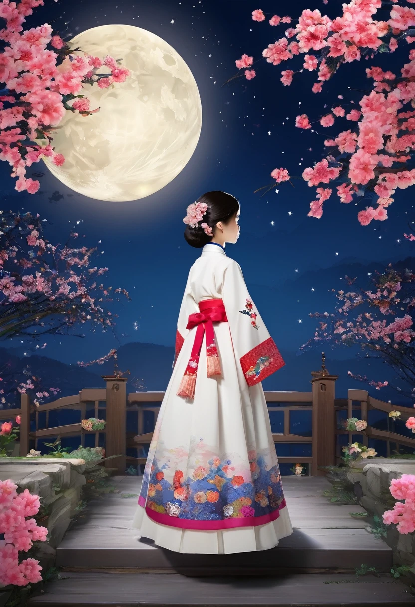 Best quality, high_Permission, distinct_image, detailed background ,girl, Hanbok,flower,USA,moon, night,Dutch corner, wide shot, crown,  