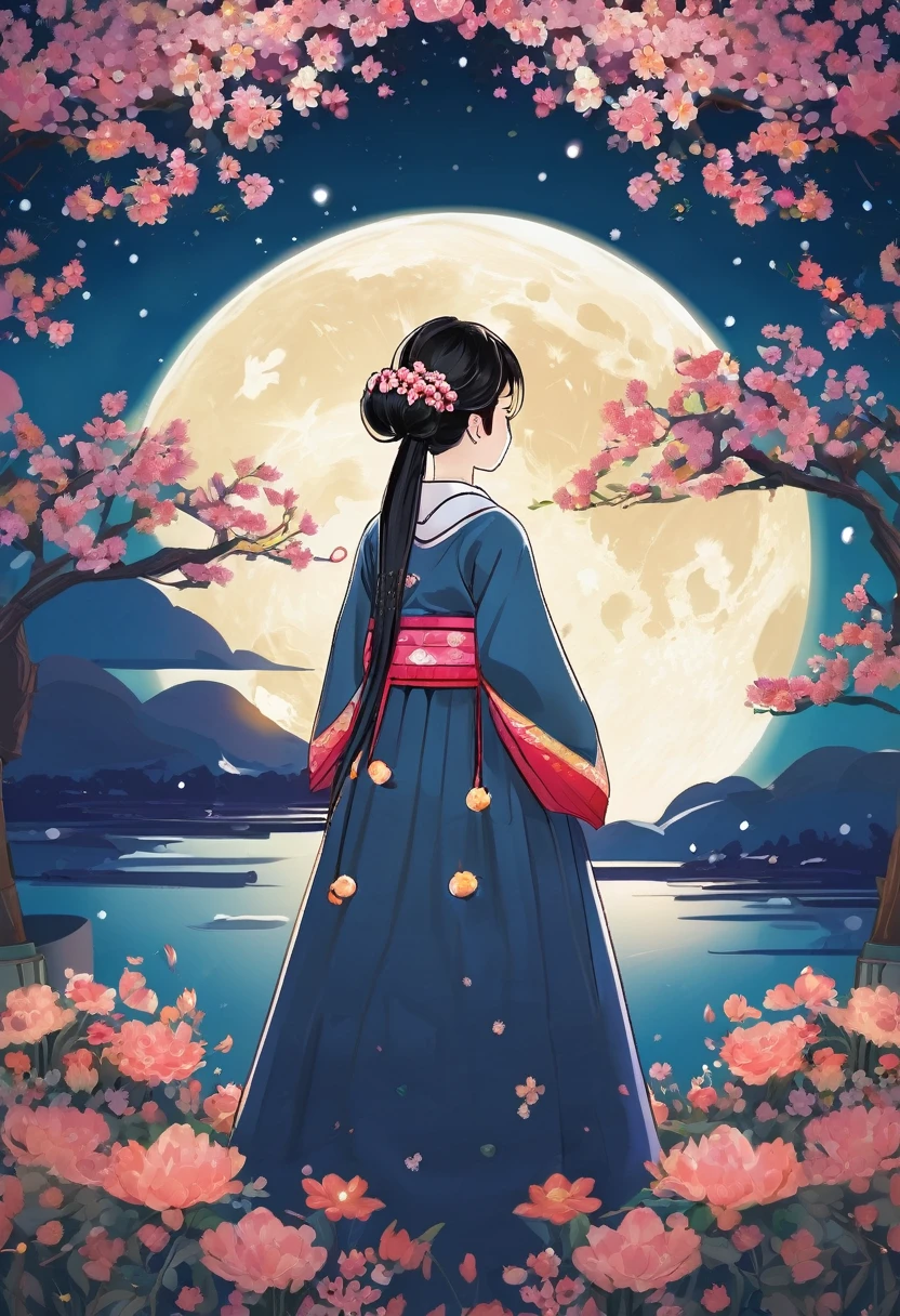 Best quality, high_Permission, distinct_image, detailed background ,girl, Hanbok,flower,USA,moon, night,Dutch corner, wide shot, crown,
