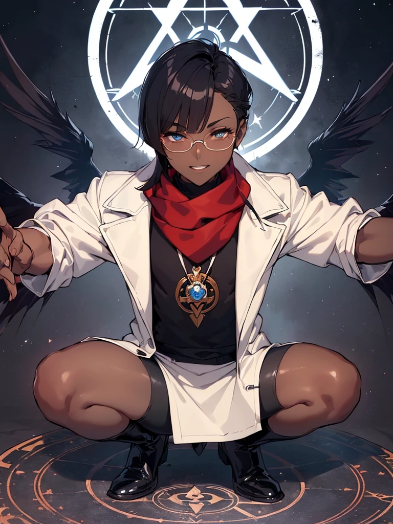 (flat chest), (masterpiece:1.2), highest quality, High resolution, unity 8k wallpaper, (fine and beautiful eyes:1.6), highly detailed face, perfect lighting, Detailed CG, (perfect hands, perfect anatomy), (1 boy solo:1.4), 20 years old, black hair, extremely beautiful detailfeminine face and eyes, (evil smile:1.4), detailed eyes, best quality,( dark skin:1.8), (turtleneck shirt under lab coat:1.2), (bike shorts:1.2), extremely detailed, very precise detailed, (glasses:1.3), blunt bangs, open mouth, (very short pixie cut:1.2), boots,fingerless gloves, smile, (half closed eyes:1.3) ,(squat in magic circle on ground) ,night sky,long sidelocks,(long red Scarf),(lab coat),(squatting),(squat:1.3),(one knee dwon:1.5),(Put one foot in front:1.3),(stylish pose:1.4),(Raise only index finger:1.1),(spread arms:1.2),(in magic circle on ground only),(open magic scroll by both hands:1.4),(have magic scroll:1.3)