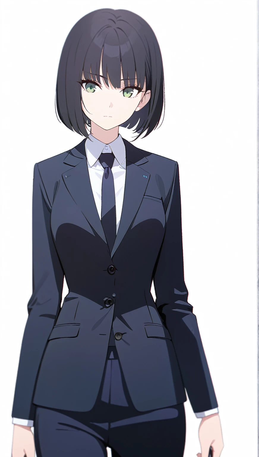 (masterpiece, high quality, best quality, highres,) One Woman, young, black hair, bob cut, Green Eyes, Athletic build, expressionless, closed mouth, office staff suit, Simple white background, standing, cowboy shot, from the front