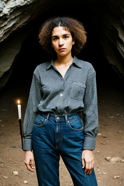 photograph of a woman, (troubled facial expression), textured skin, goosebumps, blonde afro hair, plaid flannel shirt with distressed boyfriend jeans, cowboy shot, dark and mysterious cave with unique rock formations and hidden wonders, perfect eyes, (candlelight,chiaroscuro), Porta 160 color, shot on ARRI ALEXA 65, bokeh, sharp focus on subject, shot by Don McCullin