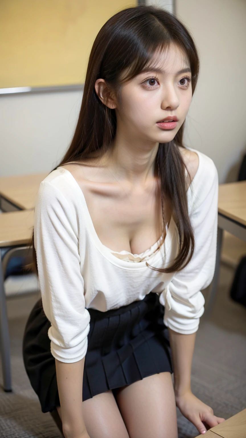 8K quality、High resolution、Beautiful fair skin texture、High resolutionの瞳、Japanese high school girls、Summer uniform、Open-neck short-sleeved white shirt、Cleavage、mini skirt、Brown Princess Hair、、Small breasts、Sweat accumulates in the chest、classroom、all fours