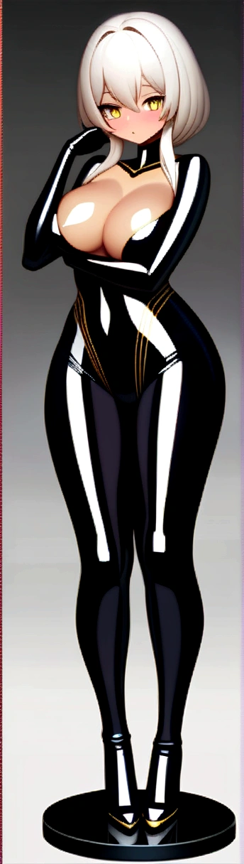dutch_angle, from_below,full body,very tall girl, huge breasts, big nipple,breast grabbing,cleavage,thick thighs,very long legs, small waist, black bodysuit,short hair, black background