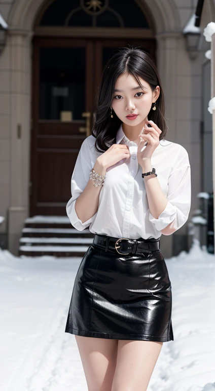 1 girl, Korean model, extremely beautiful, perfect body. Photo taken with Canon EOS R5 85mm f/11 Camera, ((sharp)) mode of people and surrounding scenery. Image quality ((8K)), ((lifelike)), ((masterpiece)), ((sharp and highest contrast)), ((great depth of field)), ((light stereolithography)).
Panoramic photo, wearing earrings, necklace, belt, ((thin shirt)), ((shiny leather skirt)), high heels, bracelets, street, ((white snow)), cold wind , frosty, bitter cold, numb, ((frozen)), snowflakes, lonely, magical, dreamy, waiting, ((hope)), ((church)).