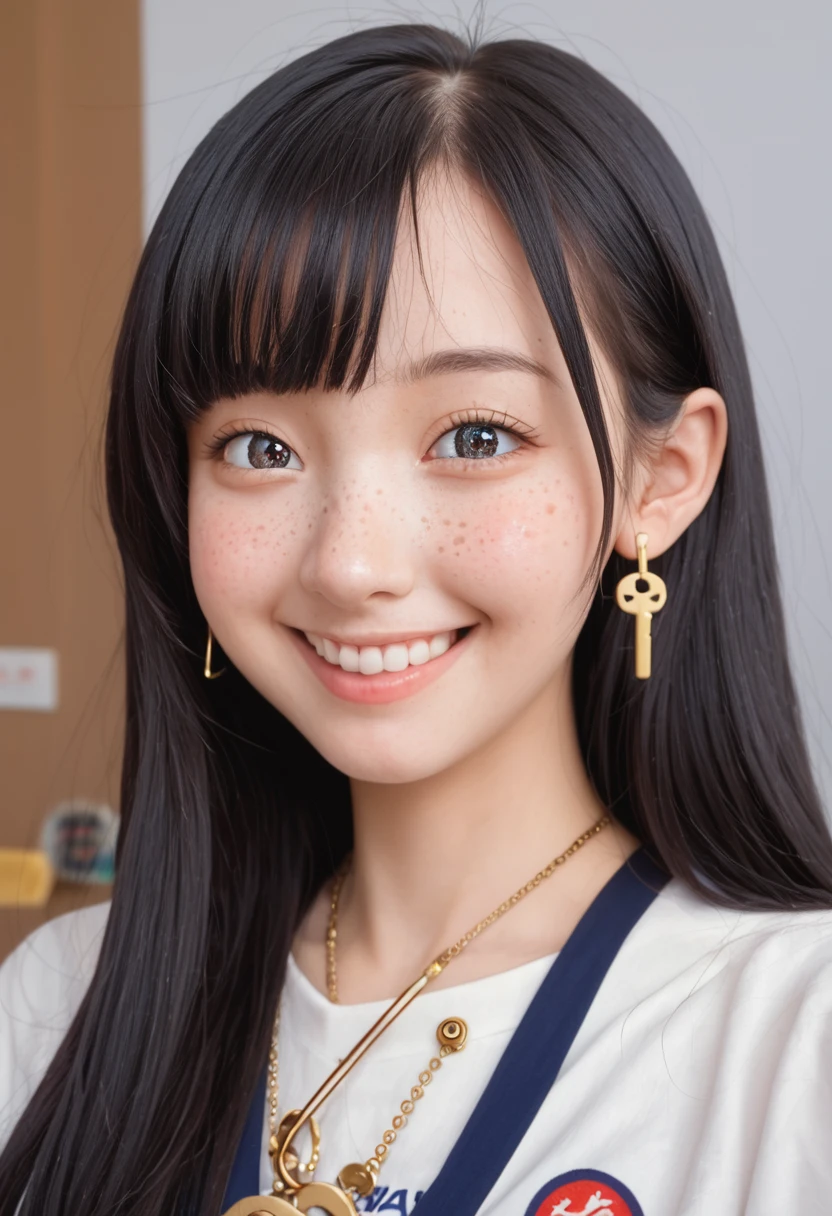 masterpiece, best quality, {best quality}, {{masterpiece}}, {high resolution}, Key Points, Anime style, Cartoon closeup of a lady, Girls Design, Second-rate, portrait, Gisha, Anime Character, Long hair, Black Hair, Heterochromic eyes, Hair covers the ears, Happy, Delicate and powerful appearance, Dissonance, High target, freckle, Smile
