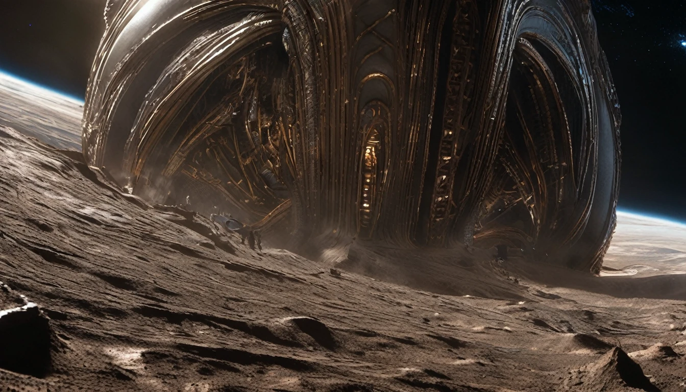 H. R. gieger planet, intricate gieger detail, movie still, nasa footage, planet with gieger detail, ridley scott film, film footage, planet with unusual surface, xenomorph planet