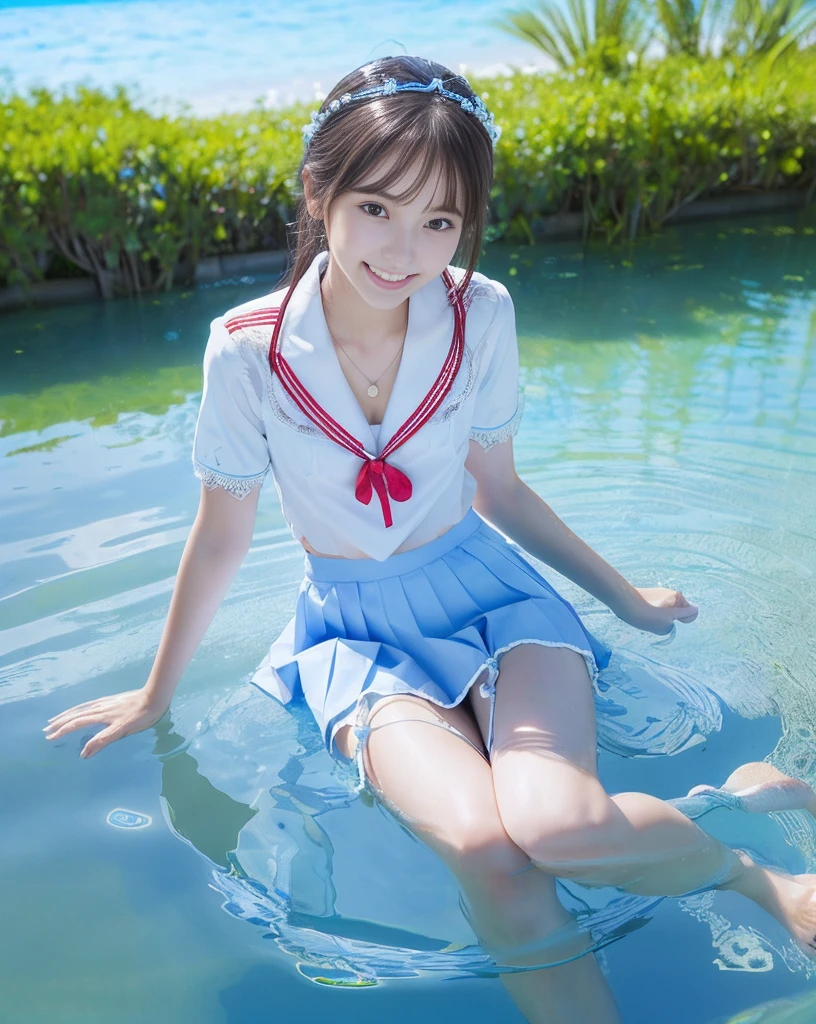 (NFSW)、(High resolution:1.5)、Highest quality,Very detailed,masterpiece,Super detailed,alone,(One 12 year old girl),((Summer School Uniforms:1.5)), Seraphim, ((skirt:1.5)),  smile, Thigh fetish images: 1.5、(((barefoot)))、(Her thighs and white bikini reflected in the clear blue water)、(reflected in water:1.5)、((I can see the white string panties:1.5))、(Cleavage)、((Clear blue seawater))、Summer sun、はしゃいだsmile、Beautiful Eyes、(pull-out-panties)、(Panties on knees)、Big necklace and tiara、The water is marine blue、