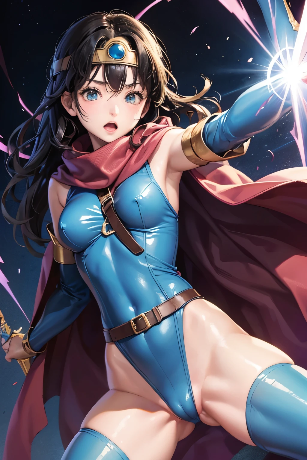 (((SFW、sound、Highest quality、first-class、masterpiece、Normal body、8K、Detailed face、Ultra-precision、Normal hand、Normal finger、5Finger、Highest)))、beautiful girl、Black Hair、Small breasts、Shortcuts、Light blue super high leg leotard、Super risqué leotard、Ultra-thin leotard、Super sheer leotard、Super sheer、Super tight、Super tight、Super bite、No sleeve、Waist belt、Red cloak、Circlet、Legendary Sword、DRAGON QUEST、Female Hero、In combat、Combat Ready、Lightning Slash、incantation、Gigadein、Thunder Magic、Spread your legs wide、Super desire to lose、Immoral、Ultra-masochist、blush、Super Trance、Super nipple erection