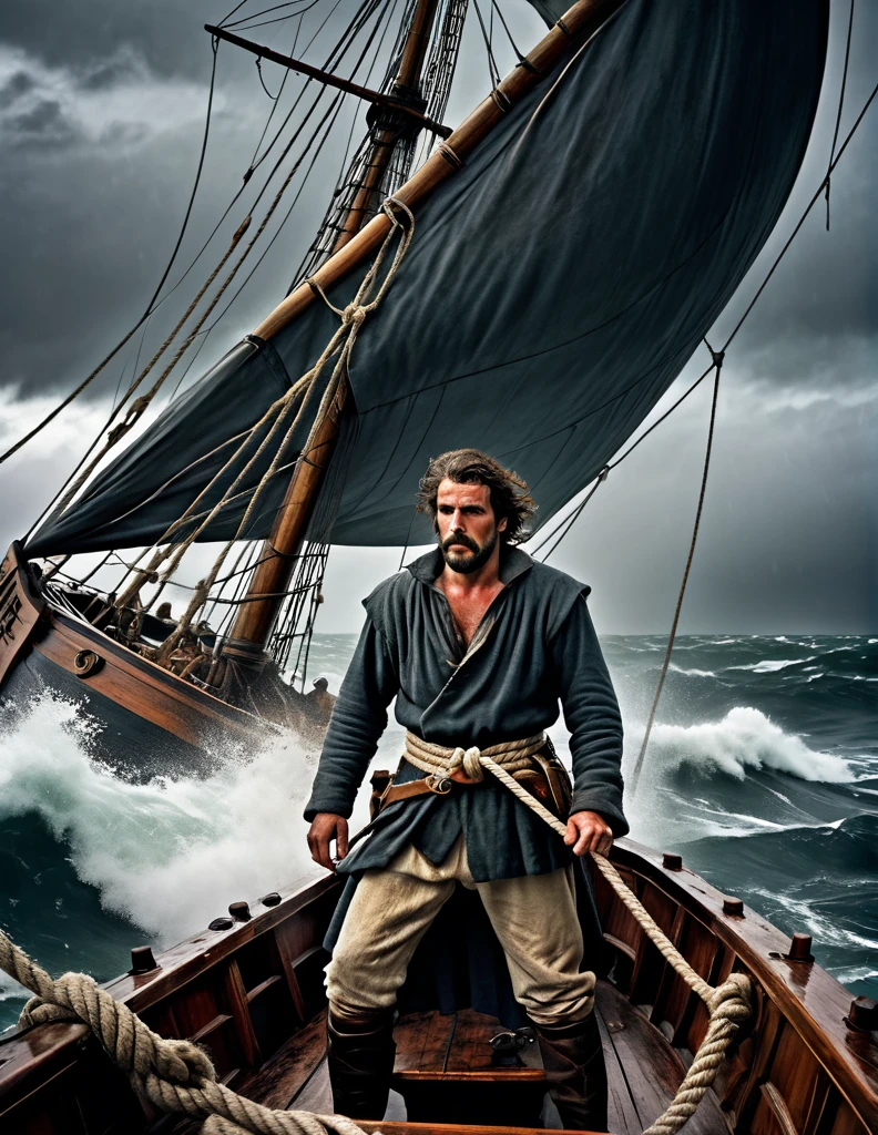 A medieval sailor, dressed in worn and weathered clothing, clings to the mast of his small wooden ship as a severe fierce storm rages across the Bering Sea. The wind howls and the waves crash against the vessel, threatening to capsize it at any moment. The sailor's face is set in a determined expression, his eyes fixed on the horizon as he struggles to set the sail, his hands grasping the rope with all his might. The stormy sky above is dark and foreboding, with lightning illuminating the clouds. The ship's hull is battered and worn, with ropes and sails torn and frayed. The sailor's determination and bravery in the face of the raging storm are palpable in this dramatic Don Lawrence illustration and Tim Burton Cinematic Scene