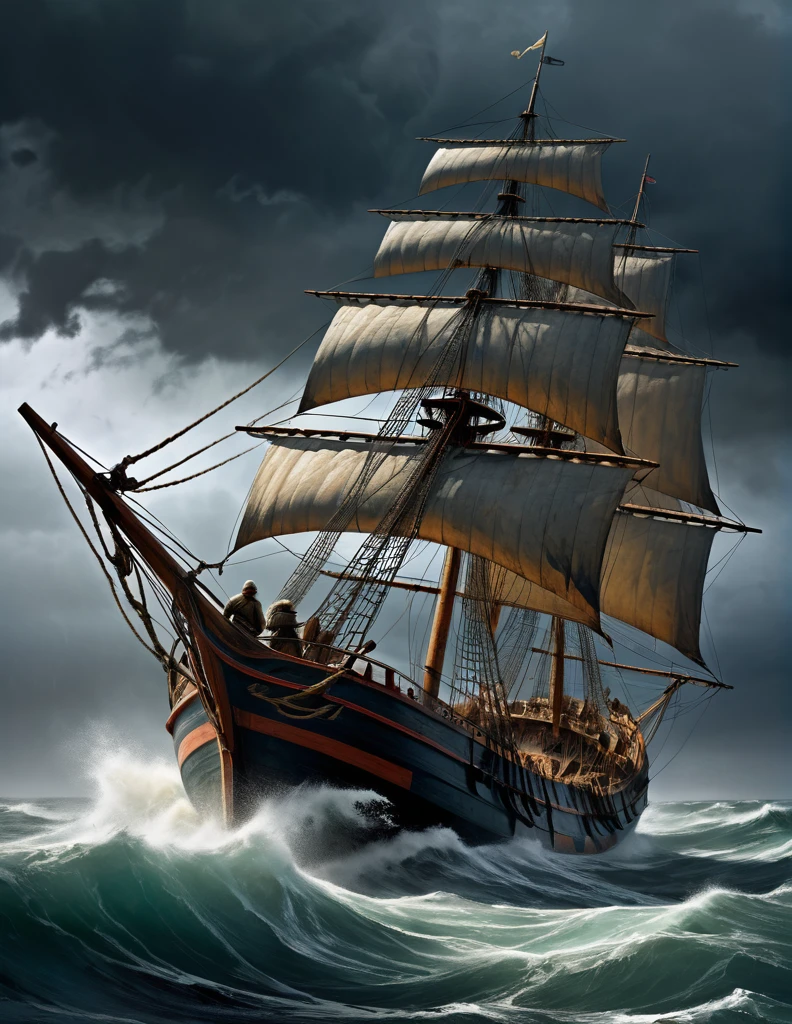 A medieval sailor, dressed in worn and weathered clothing, clings to the mast of his small wooden ship as a severe fierce storm rages across the Bering Sea. The wind howls and the waves crash against the vessel, threatening to capsize it at any moment. The sailor's face is set in a determined expression, his eyes fixed on the horizon as he struggles to set the sail, his hands grasping the rope with all his might. The stormy sky above is dark and foreboding, with lightning illuminating the clouds. The ship's hull is battered and worn, with ropes and sails torn and frayed. The sailor's determination and bravery in the face of the raging storm are palpable in this dramatic Don Lawrence  illustration and Tim Burton Cinematic Scene