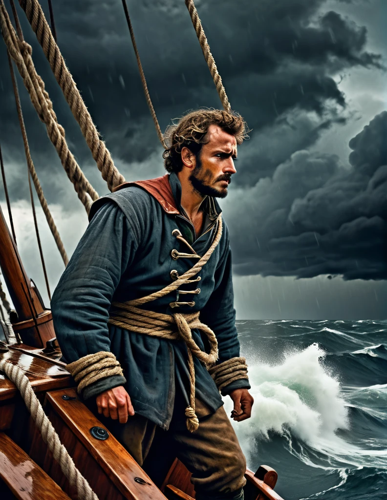 A medieval sailor, dressed in worn and weathered clothing, clings to the mast of his small wooden ship as a severe fierce storm rages across the Bering Sea. The wind howls and the waves crash against the vessel, threatening to capsize it at any moment. The sailor's face is set in a determined expression, his eyes fixed on the horizon as he struggles to set the sail, his hands grasping the rope with all his might. The stormy sky above is dark and foreboding, with lightning illuminating the clouds. The ship's hull is battered and worn, with ropes and sails torn and frayed. The sailor's determination and bravery in the face of the raging storm are palpable in this dramatic Don Lawrence illustration and Tim Burton Cinematic Scene