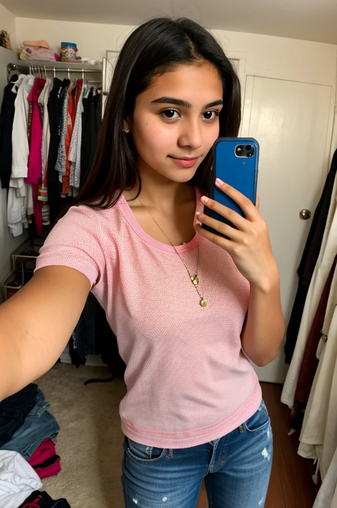 Latin girl takes a selfie while trying on casual clothes in her room