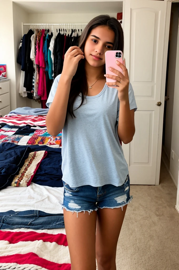 17 year old Latin girl takes a selfie while trying on casual clothes in her room