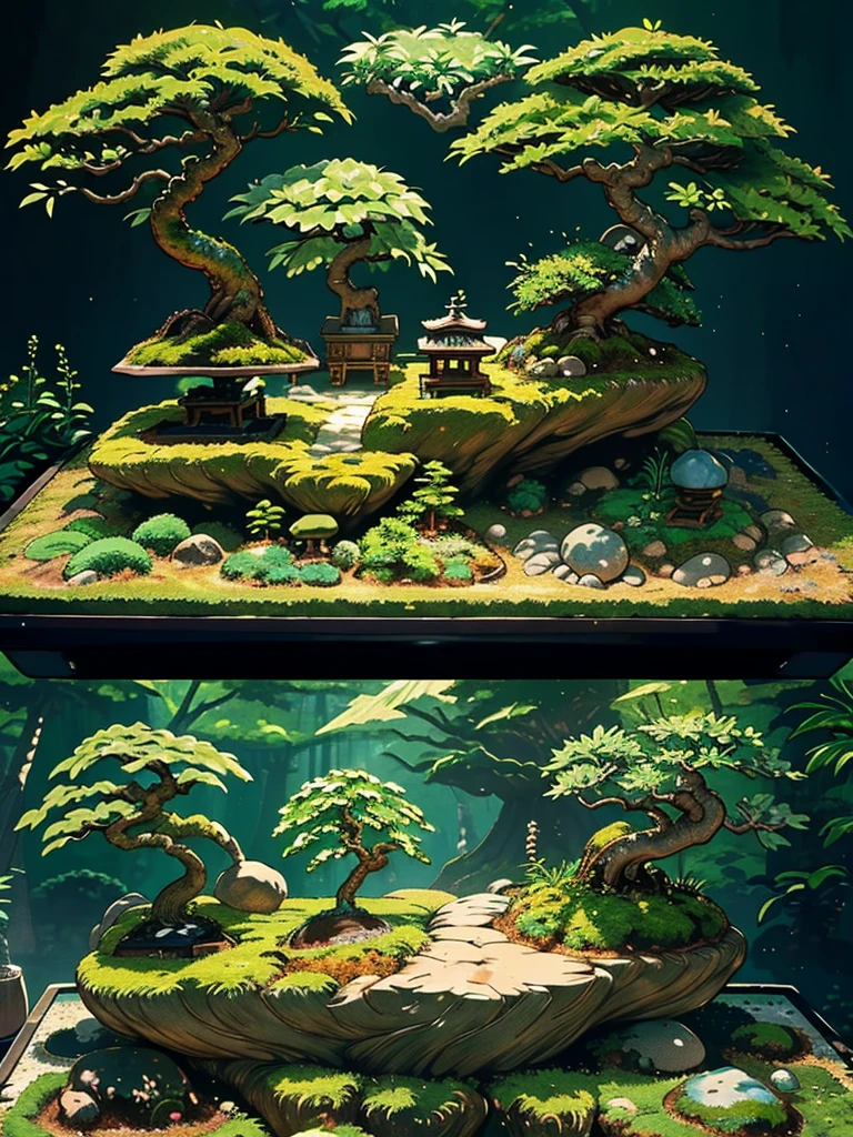 there is a small tree in a pot with moss growing on it, made of bonsai, lush plants and bonsai trees, original and creative landscape, bonsai tree house, beautiful detailed miniature, miniature forest, in picturesque forest diorama, bonsai, bonsai trees, bonsai tree, detailed scenery, moss terrarium, detailed scenery —width 672, highly detailed diorama