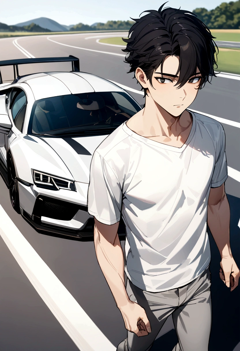A 18 years old Indian bihari handsome man, white skin, black short hair, wearing white shirt gray pant, stand next to the sport car, motion blur, drop shadow, speed lines, 8k, 16k, 1080P, HD, highres, best quality, award winning, high quality, high details, super detail, anatomically correct