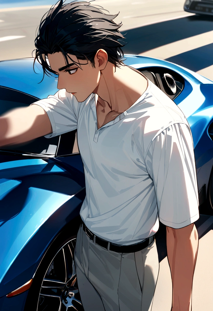 A 18 years old Indian bihari handsome man, white skin, black short hair, wearing white shirt gray pant, stand next to the sport car, motion blur, drop shadow, speed lines, 8k, 16k, 1080P, HD, highres, best quality, award winning, high quality, high details, super detail, anatomically correct