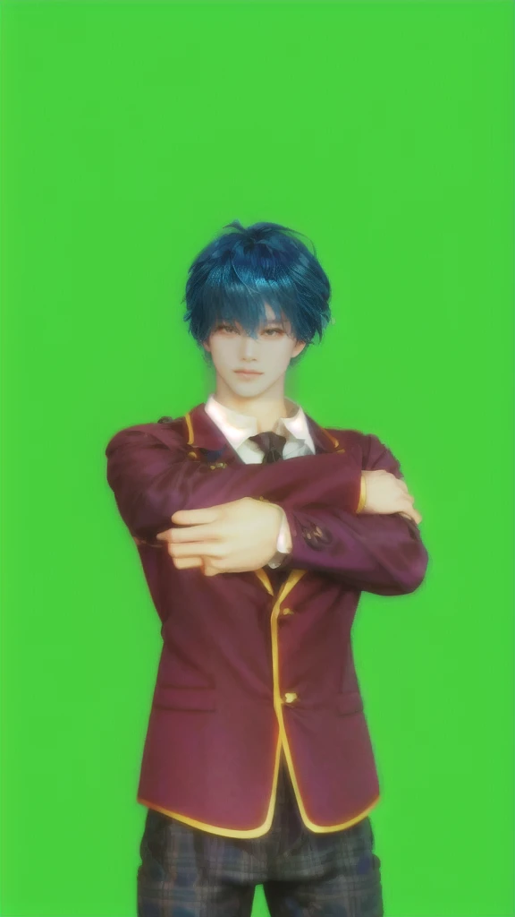 a close up of a person with blue hair and a jacket, handsome anime pose, anime cgi style, anime vtuber full body model, anime styled 3d, live2d virtual youtuber model, anime pose, default pose neutral expression, young anime man, arms akimbo pose, anime stylized, stylized anime, thinking pose, realistic anime 3 d style