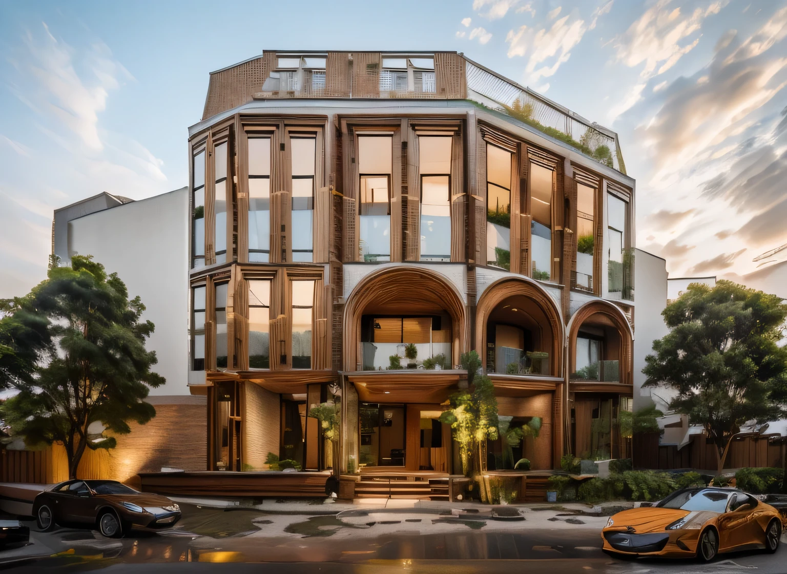 RAW photo,Masterpiece, high quality, best quality, authentic, super detail, townhouse, modern house,( brick wall:1.2) , glass windows, (wooden ceiling:1.1), railing glass, gate, fence, (curve:1.1),tropical trees, day, beautifu sky, (high detailed :1.2), 8k uhd, dslr, soft lighting, high quality, film grain, Fujifilm XT3