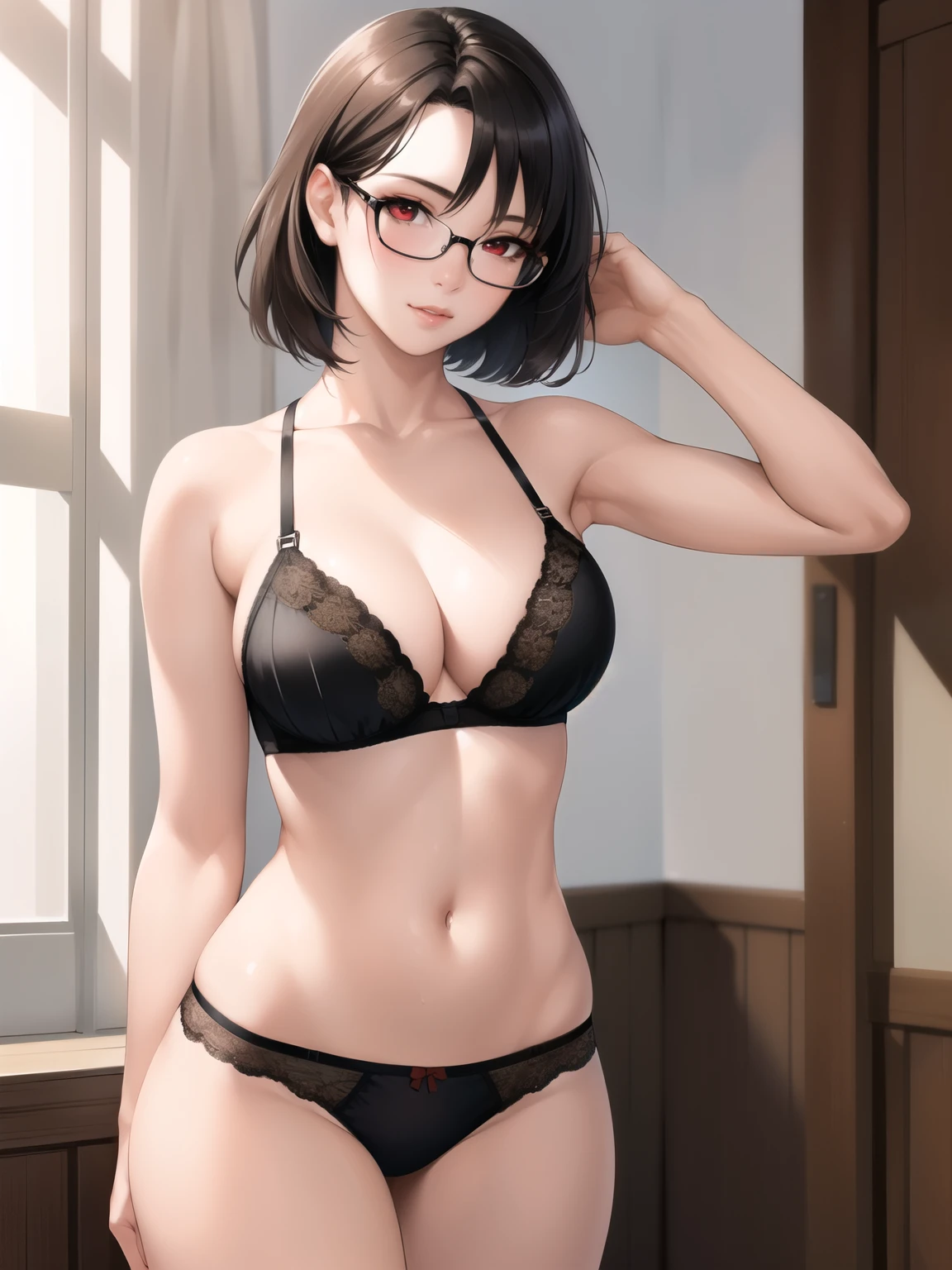 masterpiece, best quality, (realistic, 1girl, solo, beautiful face, detailed face, beautiful eyes), (breasts), thighs, short hair, fans, red eyes, black hair, black bra, black panties, glasses, medium breast
