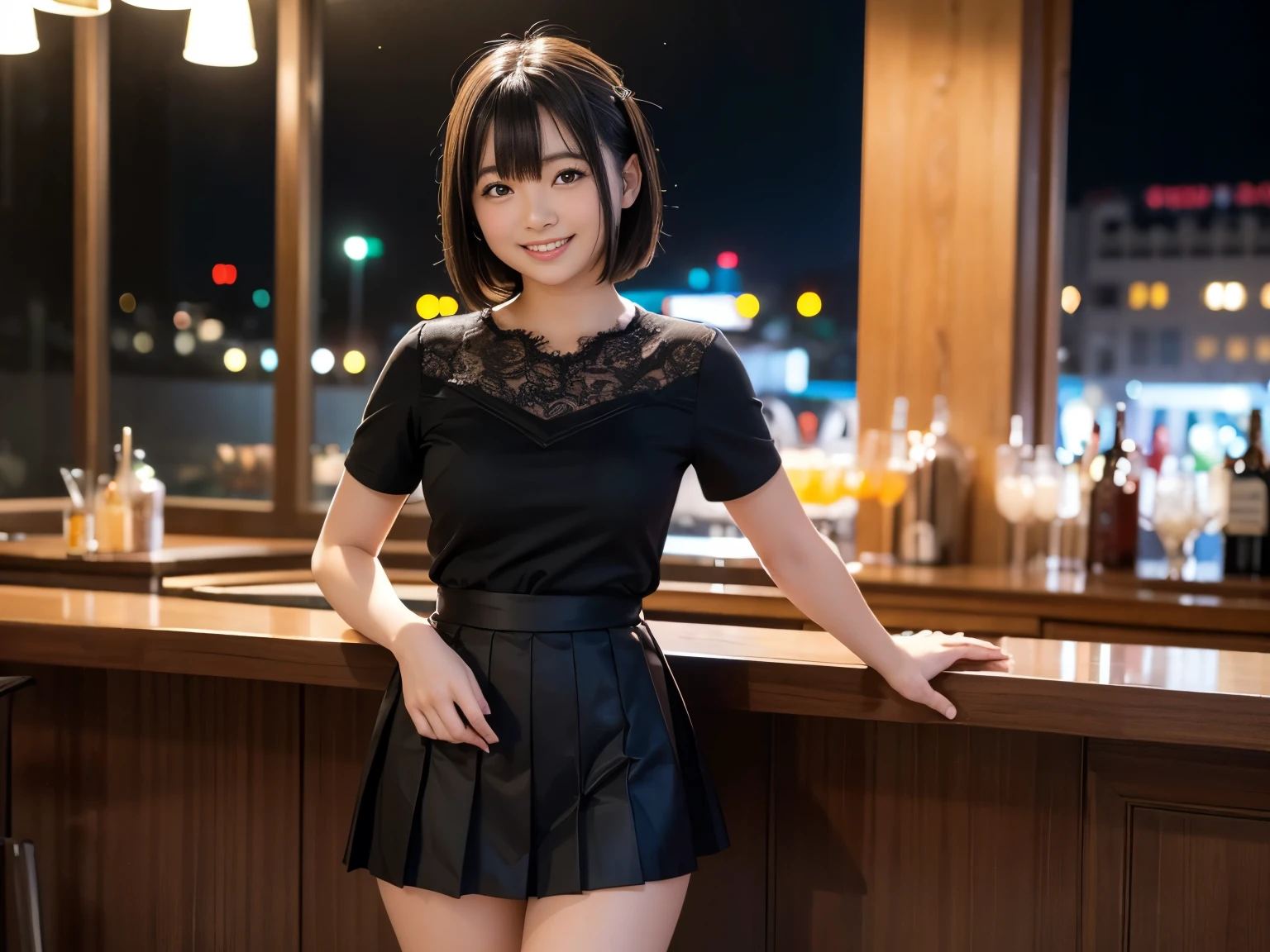 (Highest quality, masterpiece, Ultra-high resolution, 8K, RAW Photos, Realistic, Anatomically correct:1.5), (Stainless steel round bar fence:1.0, Put your elbow on the fence:1.2, high school girl、20-year-old girl:1.2, Embarrassing, avert your eyes, blush:1.0, View Viewer, ((bar)) 、Night view、 Light:1.2, Bokeh, Cinema Lighting:1.0, Depth of written boundary, sharp、 Cute face、Idol、Black short sleeve lace top、Black pleated skirt、Black clothing、”dwarf”、(Floral clothes)、Full Body Shot、Cowboy Shot、(( smile))、(Ultra short hair、Straight Hair)、(Straight bangs)、