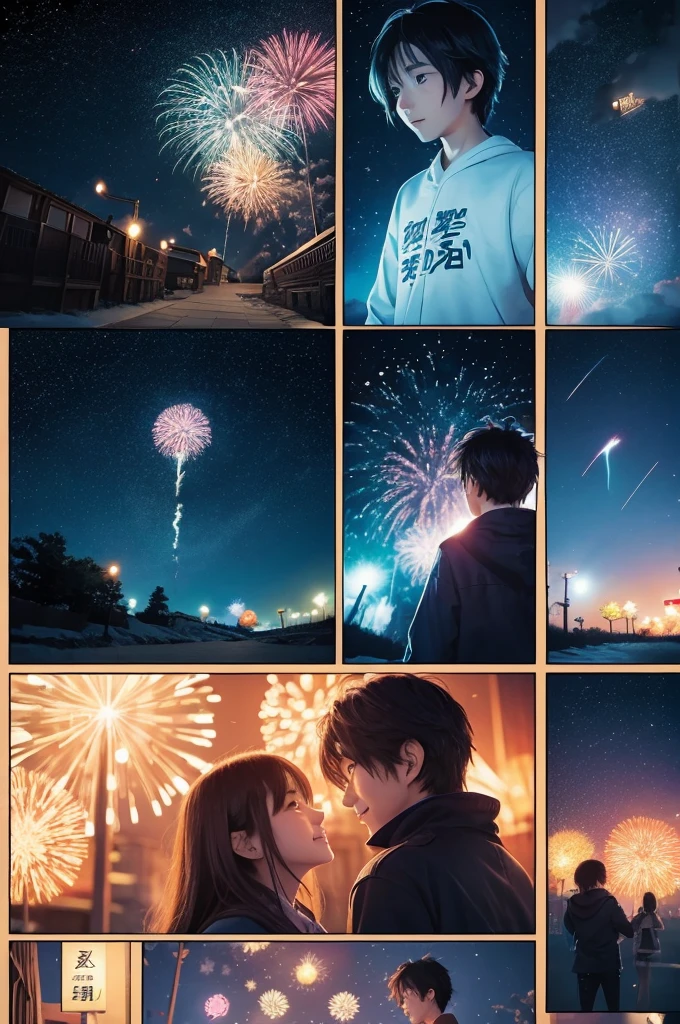 Comic book storyboard:1.8, Comic Strip, Japanese text, The story depicts a woman who falls in love with a boy who is her childhood friend., anime emoji theme, Night Sky, beautiful Fireworks, text dialog box, Draw the cover of this article, japanese anime manga, Hyper HD, 24K Full HD, Anime Style.