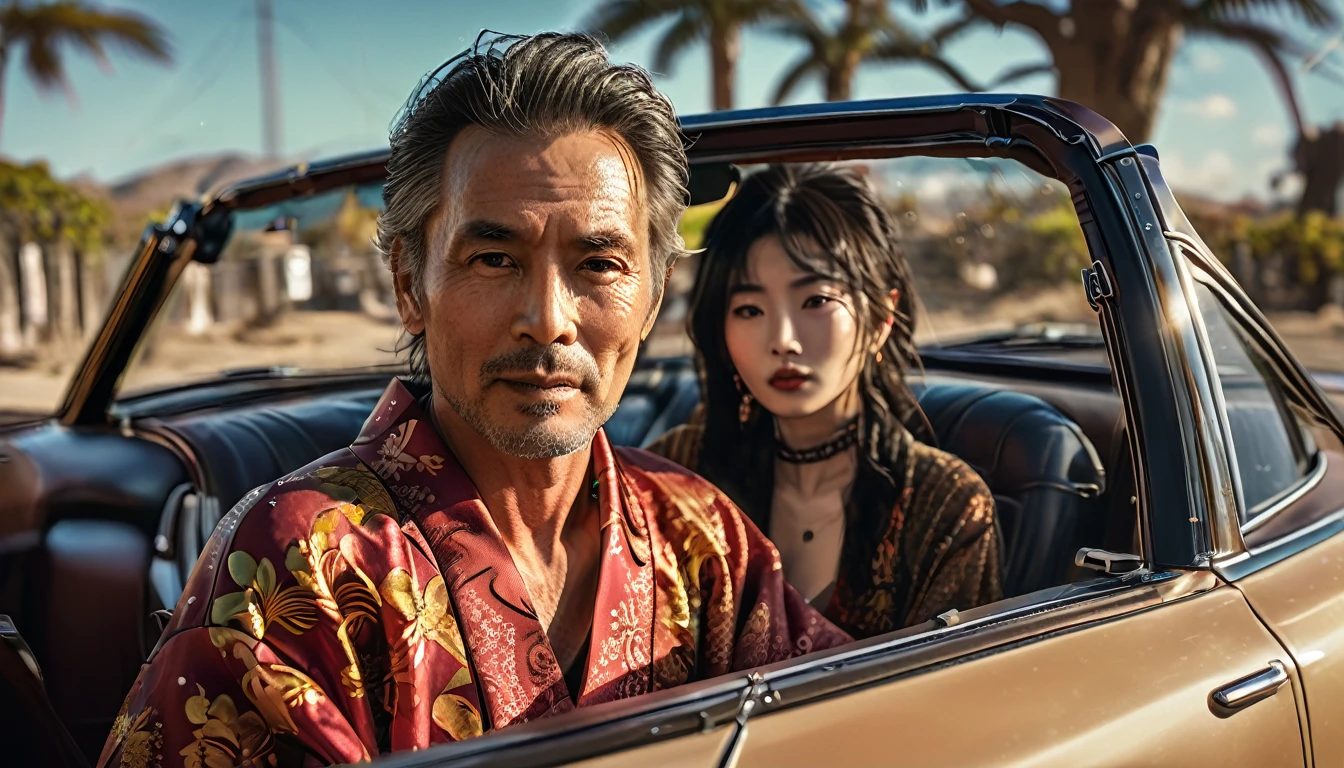 A middle-aged man riding in a luxury convertible. The man is wearing a brown plain Japanese kimono, full body, wide angle, 4K (man) high resolution, sharp focus, (ultra detailed, highly detailed), (photorealistic artwork: 1.37), (highly detailed CG Unity 8k wallpaper), (((vibrant colors, vibrant theme))), (intricate), (masterpiece), (best quality), art photography, (photo by sldr), (intricate background), perfectly rendered face, perfect facial details, realistic face, photorealistic, ((intricate details)), (((realism))), full body, wide field of view,