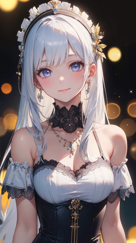 8K, (8K, best quality, masterpiece: 1.2), (Practical, photoPractical photofidelity: 1.37), best quality, masterpiece, Unite, Extremely refined beauty, Extremely detailed, Medium breasts, Fine details, masterpiece, (original photo), (best quality), (photoPractical photo: 1.4), Practical skin texture 1girl, Lovely, Double eyelids, Bangs, Bust photo, Seven-point photo, , Long white hair, (Slim body), Slim, Smile, Headdress, earrings, necklace, Looking at the audience, Face Focus, Depth of Field, club, (Bust lens: 1), Bokeh, Delicate face,