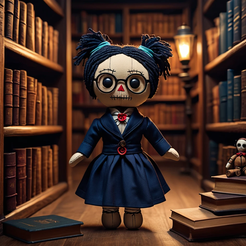 (knitted toy voodoo doll:1.6), (Voodoo Midnight Librarian:1.3), (Clothing old-fashioned librarian suit with glasses and shawl:1.0), (in the background a dark, mysterious library with endless shelves of old books:1.3), best quality, masterpiece, detailed soft oil painting, detailed background, dramatic cinematic lighting, soft edge lighting, professional, dramatic lighting, hard edge lighting, ultra quality, 4k, masterpiece, best quality, 8k, ultra high definition, high resolution, extremely detailed