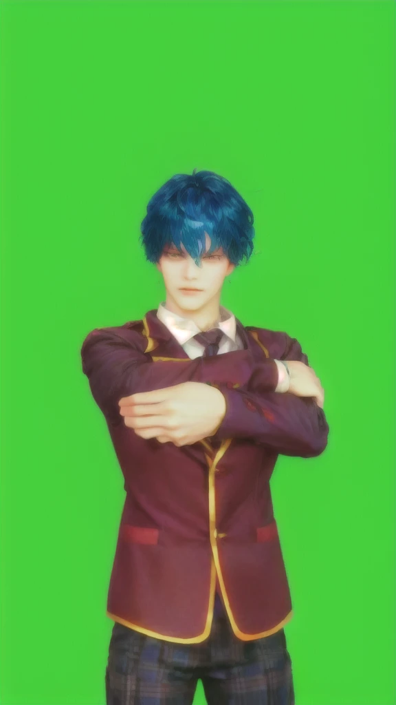 a close up of a person with blue hair and a jacket, handsome anime pose, anime cgi style, anime vtuber full body model, anime styled 3d, live2d virtual youtuber model, anime pose, default pose neutral expression, young anime man, arms akimbo pose, anime stylized, stylized anime, thinking pose, realistic anime 3 d style